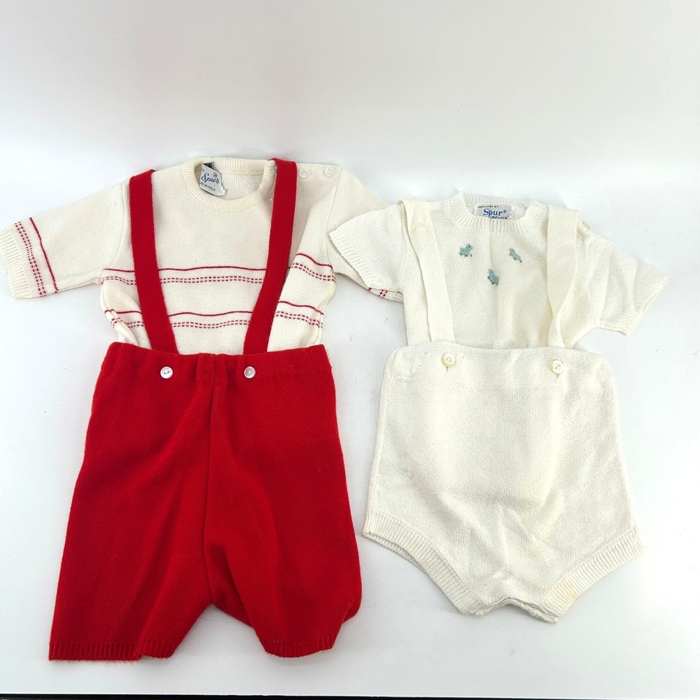 Vintage Spur Baby Knit Set Red White Suspender Shorts Embroidered Chick Top